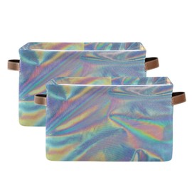 Qilmy Light Blue Multicolored Iridescent Rectangular Storage Bin Organizer Laundry Basket, Foldable Rectangular Storage Box with Handles - Large Organizer for Home Decor, 15L x 11W x 9.5H in (1PC)