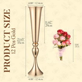 Aurabee 12 Pcs Tall Gold Trumpet Vases for Centerpieces & Wedding Tables - 21.65" Tall Gold Flower Vase Set with Weighted Base, Metal Trumpet Centerpieces for Tables (Bases para Centros de Mesa)
