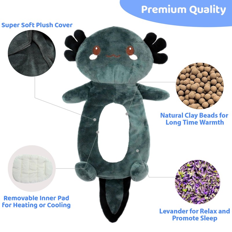 Cute Heating Pad Microwavable Stuffed Animals, Black Axolotl 1.1lb Removable