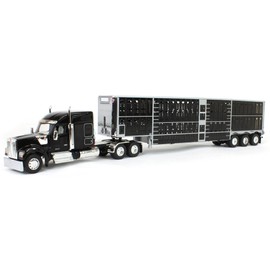 DCP Kenworth W990 with Wilson Silverstar Livestock Quad-Axle Trailer 1/64 Scale Black Semi Truck Model for Ages 14+