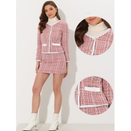 Allegra K Suit Set for Women's Christmas Costumes 2 Piece Outfits Plaid Tweed Short Blazer Jacket and Skirt Sets Pink XS