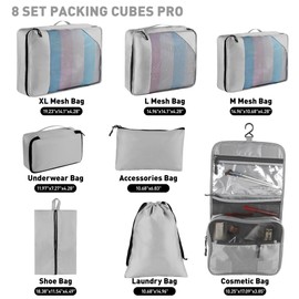 Toncoke 8 Set Packing Cubes for Travel Women Men Kids, Mesh Suitcase Organizer Bags Set for Luggage, 4 Sizes Extra Large, Large, Medium, Small, Travel Camping Essentials Accessories, Gray