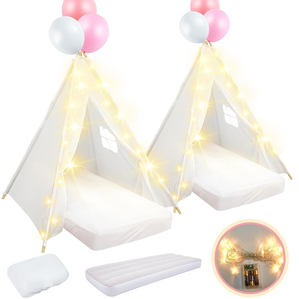 Lemosae 2 Pack Kids Teepee Tent with Mattress,Fitted Sheet,Light String,Washable