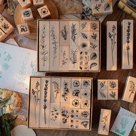 Pack of 22 Wooden Stamp Set, Flowers Wooden Stamp, Alphabet Stamp with Ink Pad, Motif Stamp Wooden Stamp Flowers, Rubber Vintage Stamp for Scrapbooking, Children DIY Cards Making (A)