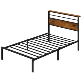 RoyalCraft Twin Bed Frame: Industrial Platform Bed w/Wood Headboard, Storage Shelves, LED Lights, and Steel Slats, No Box Spring Needed, Easy Assembly