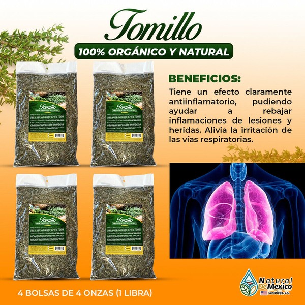 Natural de Mexico USA Tomillo Thyme Leaves alivia irritacion de vias respiratorias 1 Lb(4 de 4oz)453g.