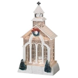 Roman Lighted Swirl Church with Tree and Wreath, 11.5-inch Height, Plastic