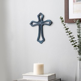 PURESTORY 10 x 8 Inches Decorative Metal Wall Cross for Home Décor | Religious Cross for Wall | Metal Cross Wall Decor Art for Home - Blue