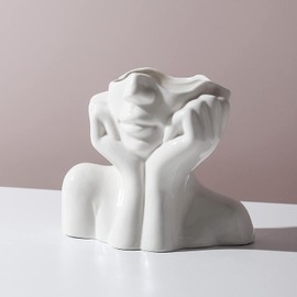 White Ceramic Face Vase - Flower Vase Desk Decor Female Form Head Bust Vase for Modern Home Living Room Table Bookshelf Decor
