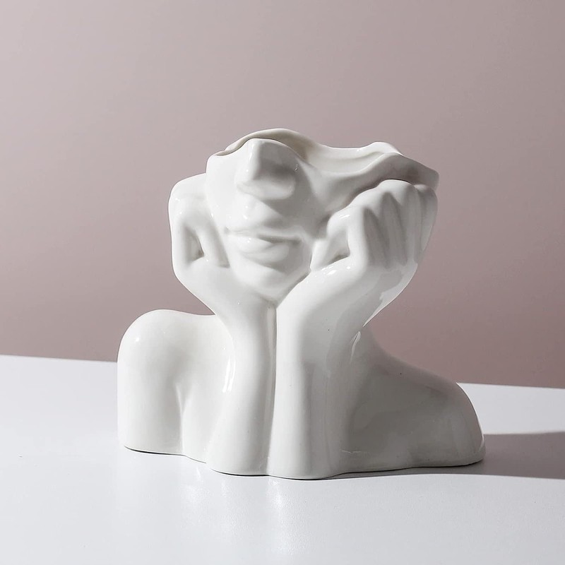 White Ceramic Face Vase - Flower Vase Desk Decor Female