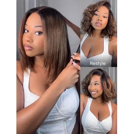 UNICE Yaki Straight 13x4 Lace Front Bob Wig Human Hair 14 Inch Ombre Chestnut Brown Pre Everything Glueless Frontal Wigs Pre Plucked Pre Cut Ready to Wear