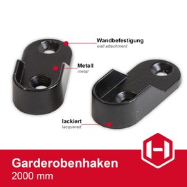 Gedotec Wardrobe Rail Oval Wardrobe Rail 2000 mm Metal Furniture Tube 30 x 15 mm 1 Piece Clothes Wardrobe Rail Black Vintage Oval Rail Wardrobe with 2 Wardrobe Tube Bearings