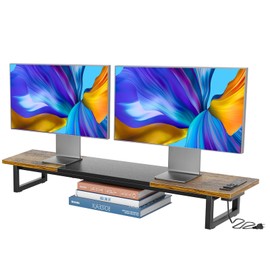 Simple Trending Dual Monitor Stand Riser with 2 USB Charging Ports, Wood Computer Desk Organizer for 2 Monitors, Extra Long TV Stand for Laptop Office, iMac