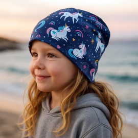 Wollhuhn Boys/Girls Shorties Beanie/Beanie Hat/Knitted Hat/Children's Hat Comfortable Many Designs Jersey Double Layer Lined Transitional Periods (Eco Fabrics/Organic) 2024202401, Unicorns Dark Blue