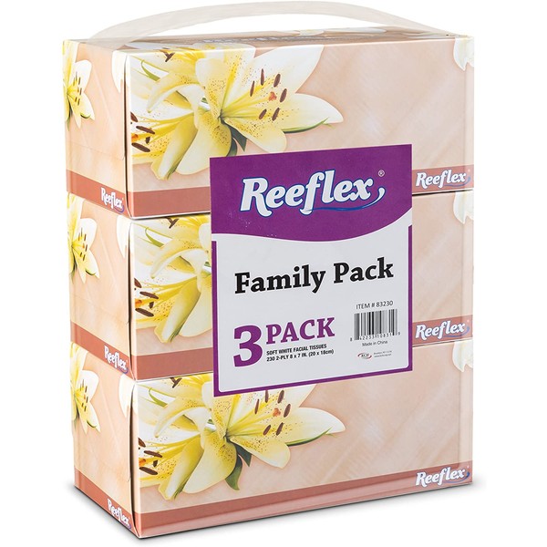 Reeflex Facial Tissues 230 Per Box 8" X 7" Size, Soft, Smooth, 2 Ply, Great For Home, Office, Store, School, Bathroom, Or In Your Car Family Pack (3 Facial Tissue Boxes)