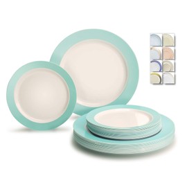 " OCCASIONS" 240 Plates Pack,(120 Guests) Heavyweight Wedding Party Disposable Plastic Plates -120x10.25'' Dinner+120 x 7.5'' Salad/Dessert (Rio Collection White & Turquoise blue)