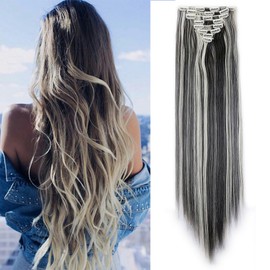 8 Pieces Clip in Hair Extensions Straight Ombre - 26"/66CM, Natural Black & Bleach Blonde - Silky Full Head Hairpieces Synthetic Hair Set