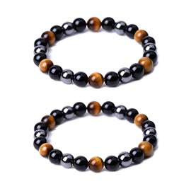 YEVON Triple Protection Bracelet for Men – 2 Pack 8mm Protection Crystals Bracelets – Hematite Beads,Tiger Eye & Black Obsidian – Crystal Beaded Protection Bracelet for Gifts