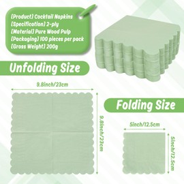 100PCS RAINFLOW Cocktail Napkins Paper- 2-Ply Sage Green Scalloped Napkins Disposable Decorative Bulk for Dinner Wedding Birthday Party Baby Shower Dessert Easter Lightweight Folded 5x5 Inches