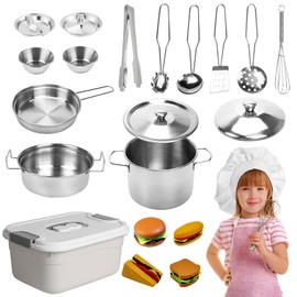 Forbabe 20 Stück Matschküche Zubehör, Edelstahl Kinderküche Outdoor Zubehör Küchenspielzeug Spielküche mit Aufbewahrungsbox, Küchenzubehör für Töpfe Küchenutensilien Kinder