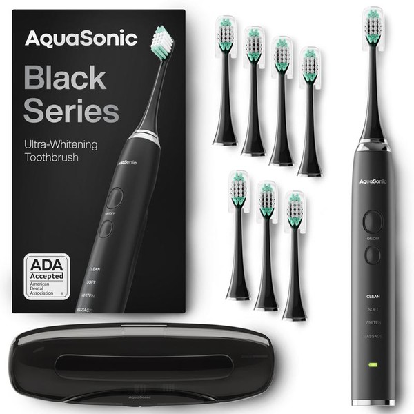 AquaSonic Black Series Sonic Whitening Toothbrush with 8 Brush Heads