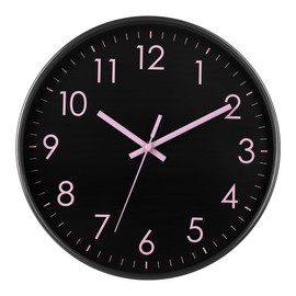 Epy Huts Modern Black Wall Clock with Pink Numbers – 10 Inch Silent Non-Ticking Quartz Clock for Living Room, Kitchen, Bedroom, Office Decor – Easy to Read, Battery Operated