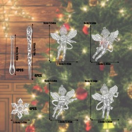 Christmas Ornaments Set of 16 Snowflake Drop Icicle Angel Acrylic Christmas Tree Ornament Hanging Clear Christmas Party New Year Chandelier Crystal Store Entrance Decor with Rope (D)