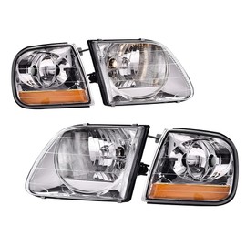 PIT66 Headlight, Compatible with 98-03 Ford F150/04 F150 Heritage/97-02 Expedition/98-99 F250/97 F150, F250 Light Duty (Built After 7/96) Clear Lens Chrome Housing Amber Reflector