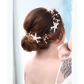 FLCSIed Beach Wedding Starfish Headband Pearl Bride Wedding Hair Vine Pearl Bridal Headpiece Beach Hair Accessories for Women and Girls