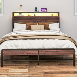 HOMCOM Queen Bed Frame with Headboard, Platform Bed Frame with LED Lights, Charging Station, 3-Tier Storage Shelf, Steel Slats, Easy Assembly & Noise-Free with No Box Spring Needed, Walnut