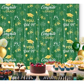 2Pcs Foil Fringe Curtain Congrats Grad Backdrop Wall Graduation Party Decorations for Class of 2025 Graduation Party Supplies (Green)