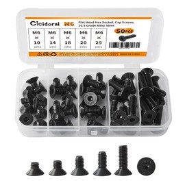 Cicidorai M6 x 10mm 14mm 18mm 20mm 25mm Flat Head Hex Socket Cap Screws Countersunk Bolts, 10.9 Grade Alloy Steel, Black Oxide Finish, Fully Threaded, Metric Allen Hex Drive, Assortment Kit 50Pcs