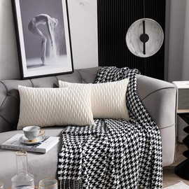 DEZENE Ivory White Couch Pillow Covers: 2 Pack 12x20 Inch Original Striped Velvet Rectangular Throw Pillow Cases for Farmhouse Home Decor