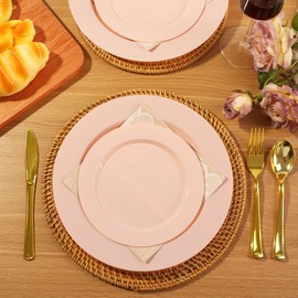 ROCOHANTI 60 PCS Pink Plastic Plates, Plastic Disposable Plates Include 30 Dinner Plate and 30 Dessert Plate Perfect for Holiday, Birthday, Wedding & Party