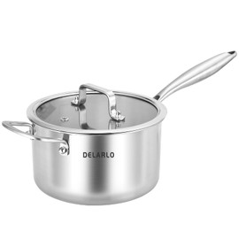 DELARLO Tri-Ply Stainless Steel Saucepan, 3.5 QT Saucepan with Lid, All Stove Compatible 600℉, Induction Sauce Pot, Heavy Duty Saucier, Dishwasher Safe Saucepan, Induction Pot 3.5 Quart, Even Heat