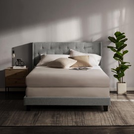 Hearth & Harbor Queen Bed Frame with Headboard Wingback – Linen Platform Bed Frame Queen Size, Button-Tufted Upholstered Bed Frame Queen, Modern Bedframe, Box Spring Required, Silver