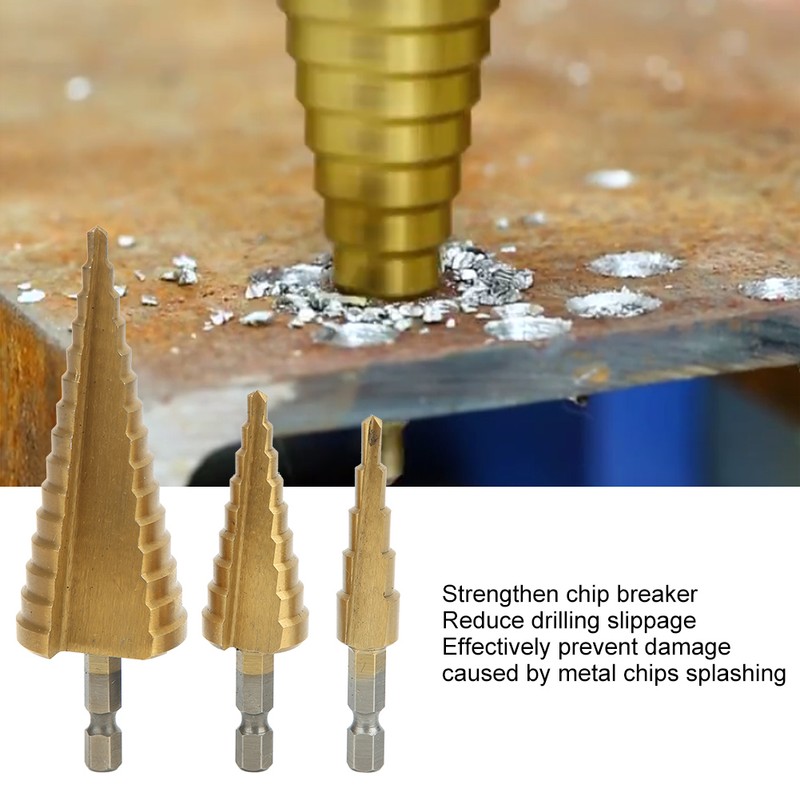 3Pcs Step Cone Drill Bit 6.35mm Hex Shank High Speed
