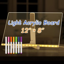 AMUSIGHT Acrylic Dry Erase Board with Light, 12” X 8” LED Note Board with Colors, Light up Clear White Board with Adjustable Stand, Message, Memo, Drawing Board with 7 Markers for Home Office School