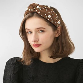 Atoden Pearl Headband Brown Knotted Rhinestone Headbands Wide Top Knot Headbands Beaded Headband Jeweled Head Bands for Women's Hair Crystal Embellished Headbands Womens Girls Hair Accessories