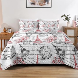 Pamnest Quilt Set Full/Queen Size, Paris Vintage Eiffel Tower 3 Pcs Soft Bed Cover Bedding Set for Kids and Adults, France Old Iron Lightweight Bedspread Coverlet with Pillow Sham for All Season