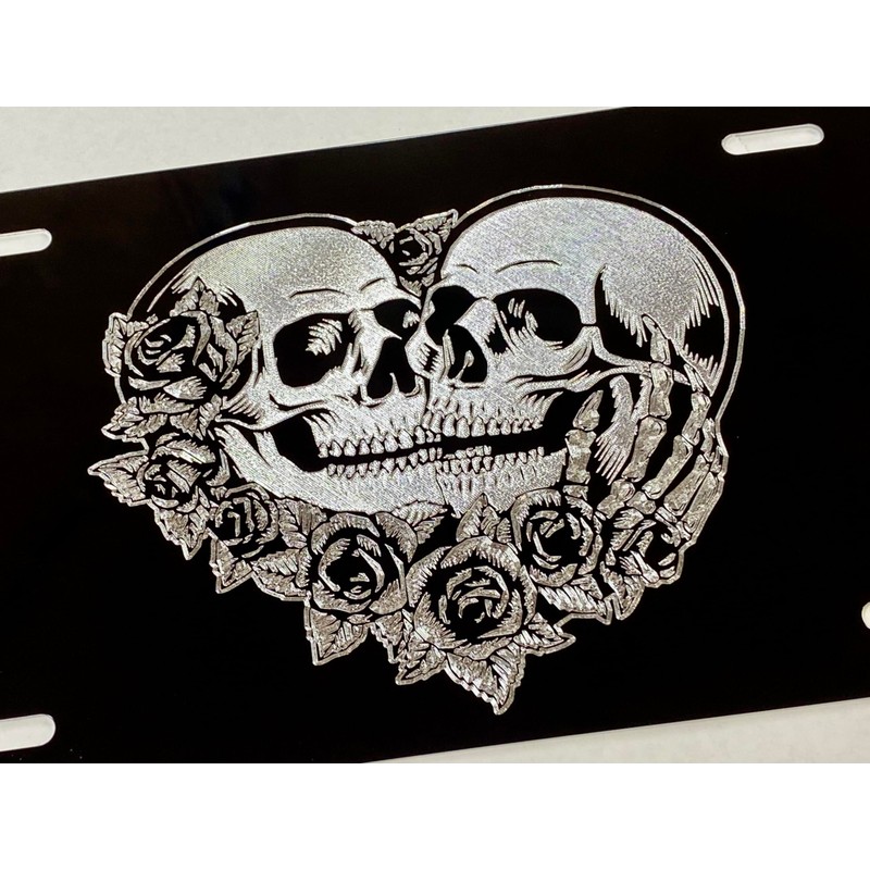 Engraved Skeleton Skull Lovers Car Tag Diamond Etched Vanity Front