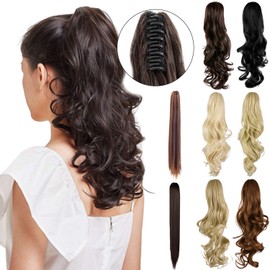 Leterly Ponytail Extension Clip in Claw 18" 20" Curly Wavy Straight Pony Tails Clip-on Long Hairpiece Jaw for Women Medium Brown
