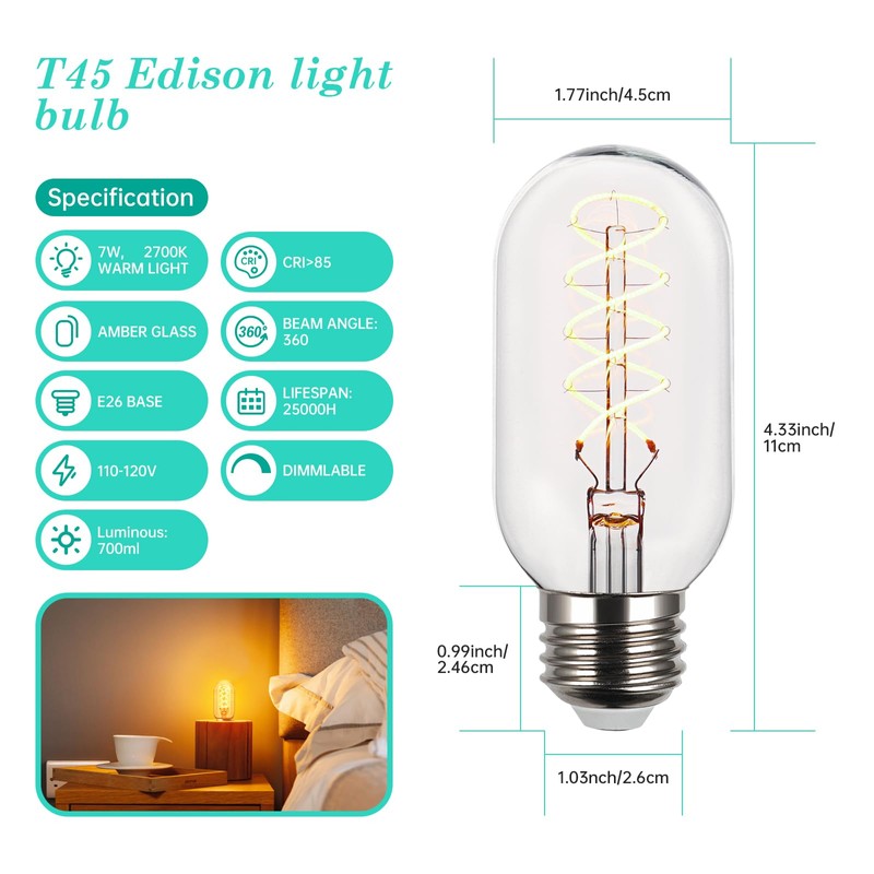 AMDTU Edison Bulbs 60W Equivalent Dimmable, Spiral Ultra-Thin Filament E26