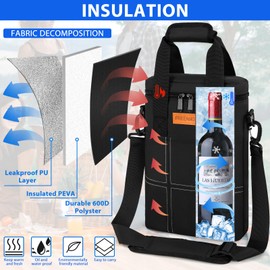 FREEAMG 2 Bottle Wine Tote Bag Cooler Bag Leakproof Wine Carrier Case with Insulated Padded & Adjustable Shoulder Strap & Handle for Travel, Party, Picnic