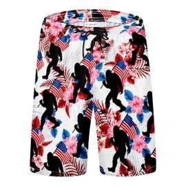 PAUFOGA Mens Swim Trunks for Men, Bigfoot American Flag Mens Board Shorts Swimwear Bathing Suit with Mesh Lining, Funny Hawaii Quick Dry Beach Shorts for Men Swimming Trunks, X-Large