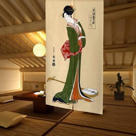 LIGICKY Noren Japanese Style Doorway Curtain Ukiyoe Geisha Girl Painting Long Type Door Tapestry Asian Window Treatment for Home Sushi Kitchen Decoration 33.5" Width x 59" Long