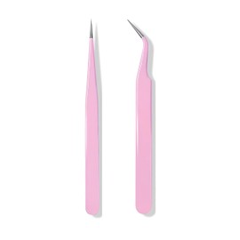 ZXfad 2pcs Eyelash Extension Tweezers, Straight and Curved Tips, Stainless Steel(Pink)