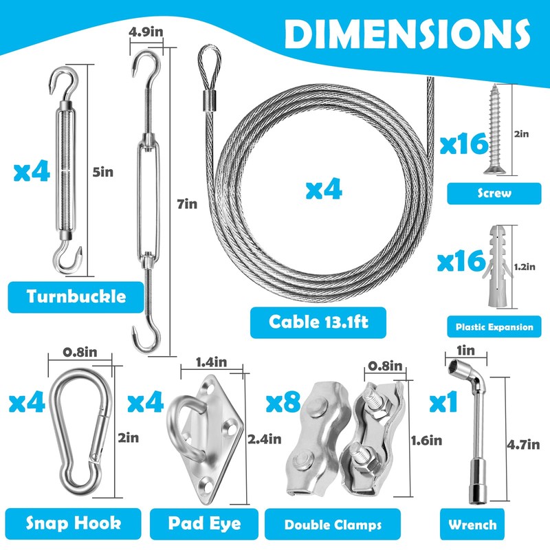57Pcs Sun Shade Sail Hardware Kit 6 inch with 4Pcs