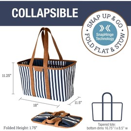 CleverMade Collapsible LUXE Tote - Navy Striped 1 Pack 30L / 8 Gal - Reusable Grocery Shopping Storage Bag Organizer w/ Handles Reinforced Bottom