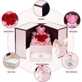 ELEUTH Rose Moss Bear Gifts for Mum, Real Eternal Rose Gift Box with Necklace, Preserved Rose Flower Box, Mother's Day Gift for Mum, Women, Wife, Girlfriend, Grandma, Valentine's Day, Anniversary,